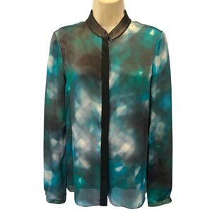 ELIE TAHARI Chelsea Turquoise Black 100% Silk Lamb Leather Shirt Blouse